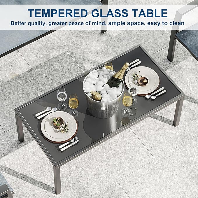 Garvee 4 Piece Patio Bistro Furniture Set, Outdoor Conversation Set with 3 Chairs, Loveseat & Glass Coffee Table, All-Weather Textilene Fabric & Steel Frame for Backyard, Poolside, Porch, Lawn - Grey