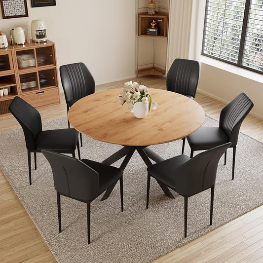HIPIHOM 43.2"-59.1" MDF Round Extendable Dining Table Set of 6 | Includes 6 PU leather chairs, mid century modern oak finish, durable MDF tabletop, space saving, seats 4-6