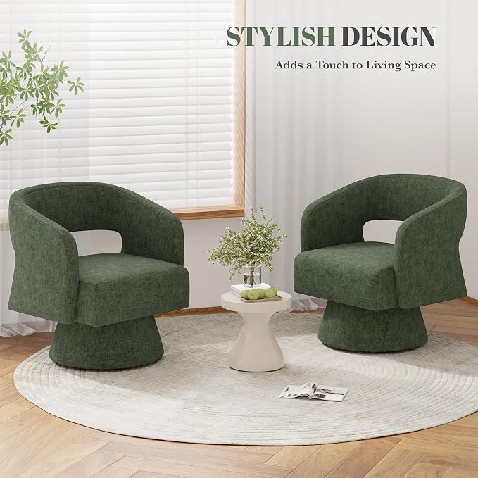 Luxanimarion Swivel Barrel Accent Chair,Oversized Chenille Upholstered Round Swivel Chair,Modern Luxury 360 Degree Living Room Vanity Chair for Bedroom Office,Green Chenille,1PCS