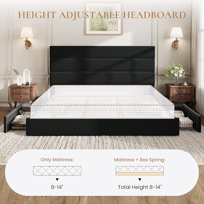 SHA CERLIN King Size Platform Bed Frame with 4 Storage Drawers, Velvet Upholstered Headboard, Mattress Foundation with Wooden Slats Support, No Box Spring Needed, Easy Assembly, Black