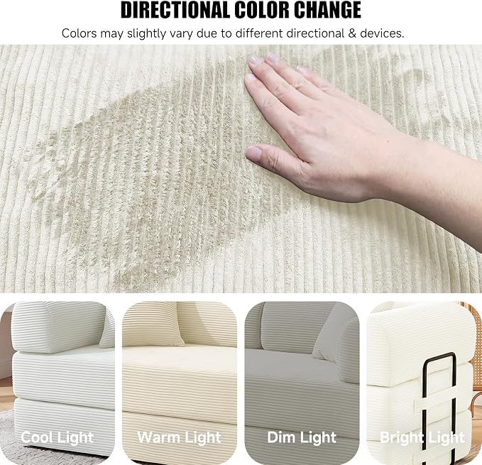 79" Convertible Sleeper Sofa Bed, Corduroy Boneless Fold-Out Couch in a Box, 4-in-1 Loveseat/Futon Couch, High-Density Foam, No Assembly, Side Pockets, 2 Pillows for Small Spaces, White