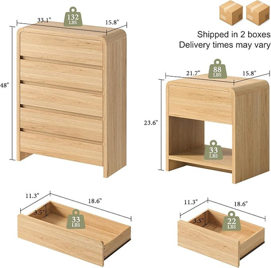 AMERLIFE Modern 3-Piece Bedroom Furniture Set with 5-Drawer Dresser and 2 Nightstands, Large Storage Capacity, Rounded Corners, Flexible Combination Design, Anti-Tip Kit Included, Light Oak
