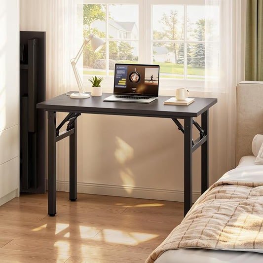Need 35.8 Inch Folding Desk for Small Spaces, Home Office Computer Desk with Wood Top & Black Frame, Foldable Writing Table for Study, Bedroom, Dorm Room & Student, Black