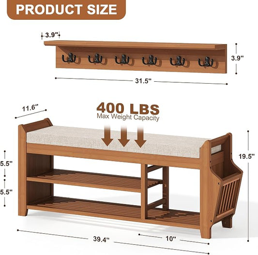 PETKABOO 39.4" Shoe Bench with Coat Rack Hidden Drawer and Side Holder, 2 Tier Entryway Bench with Storage, Bamboo Shoe Rack with Cushion for Entryway Hallway Living Room Bedroom