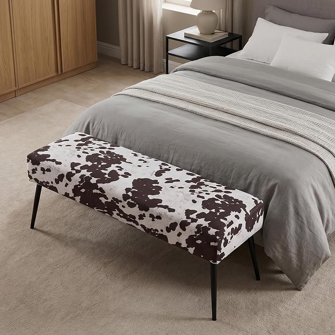 DUHOME Velvet Bench Ottoman, Upholstered Bedroom Benches Cow Print End of Bed Bench with Black Metal Base for Entryway Dining Room Living Room Bedroom, Brown