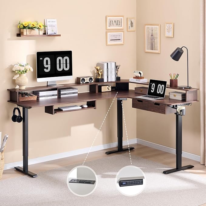 RedLemon 75X60 Inches L Shaped Electric Standing Desk, Height Adjustable Corner Gaming Desk with Drawers, Keyboard Tray, Power Outlets & LED Lights, Computer Desk with Monitor Shelf, Dark Walnut