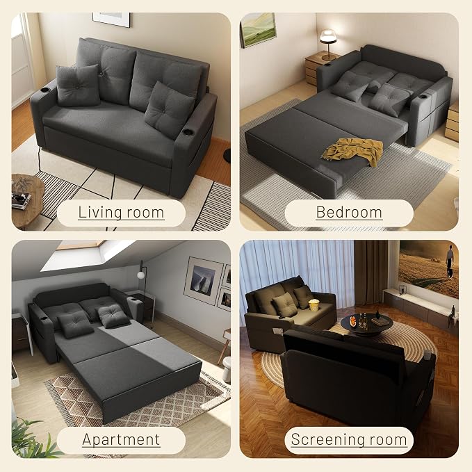 Krcix 3 in 1 Sofa Bed, 56 Inch Convertible Pull Out Couch, Loveseat Sleeper Sofa with Cup Holders, USB, Sofa Couches for Living Room, Bedroom, Apartment, Dark Grey