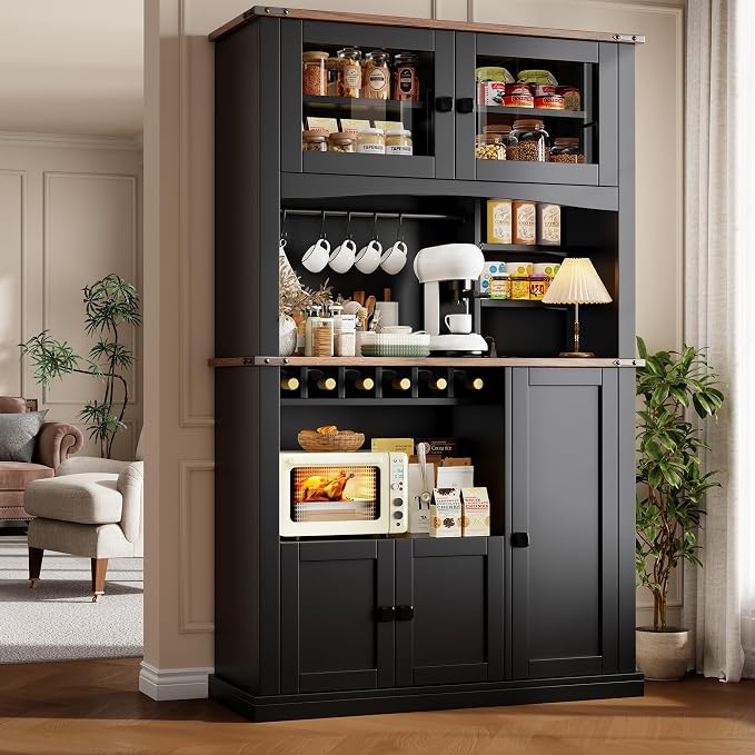 Einhomn 71" Tall Kitchen Pantry Cabinet with Charge Station, 3 Adjustable Shelves, Wine Rack and Glass Door, Kitchen Hutch for Dining Room, Kitchen and Living Room, Black