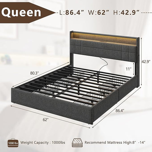 Forestell Queen Bed Frame with 4 Drawers and Storage Headboard, Grey Upholstered Platform Bed Frame Queen Size with Charging Station and LED Lights, Metal Slats Support, No Box Spring Needed