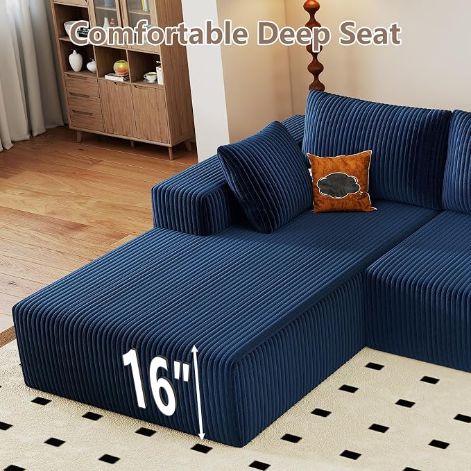 95" Cloud Sectional Couch U-Shaped Chaise with Ottoman, Corduroy Boneless Couch for Living Room Bedroom, Deep-Seat Upholstered Modular Cloud Sofa, No Assembly Required (Blue, Left Facing Chaise)