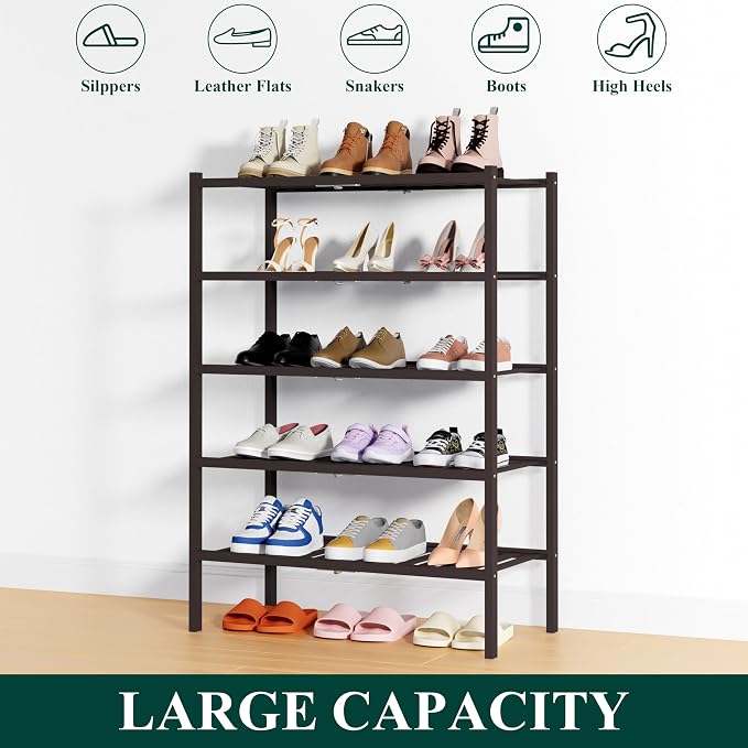 Smiry Bamboo Shoe Rack, 5 Tier Free Standing Wooden Shoe Organizer, Stackable Wood Shoe Storage Shelf for Closet, Entryway, 14 Vertical Slats, 2+2+1 Stack Heavy-Duty Legs, 26.8"x11"x32.5", Brown