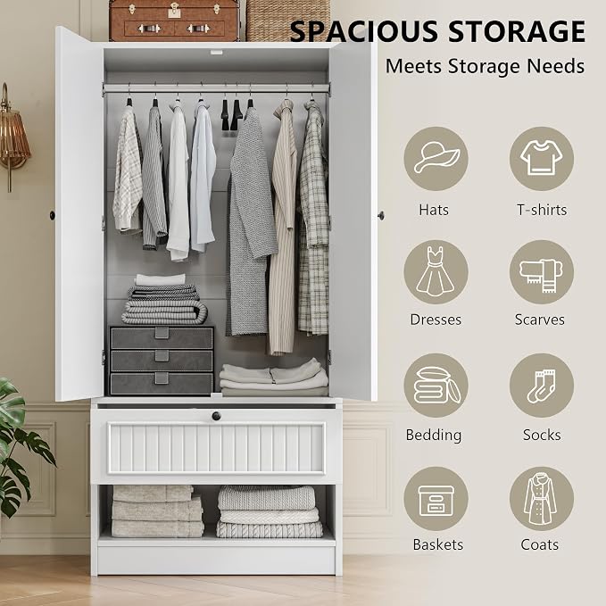 iPormis Wood Armoire Wardrobe Closet with Mirror Door and Drawer, 2 Doors Bedroom Storage Cabinet for Hanging Clothes, White