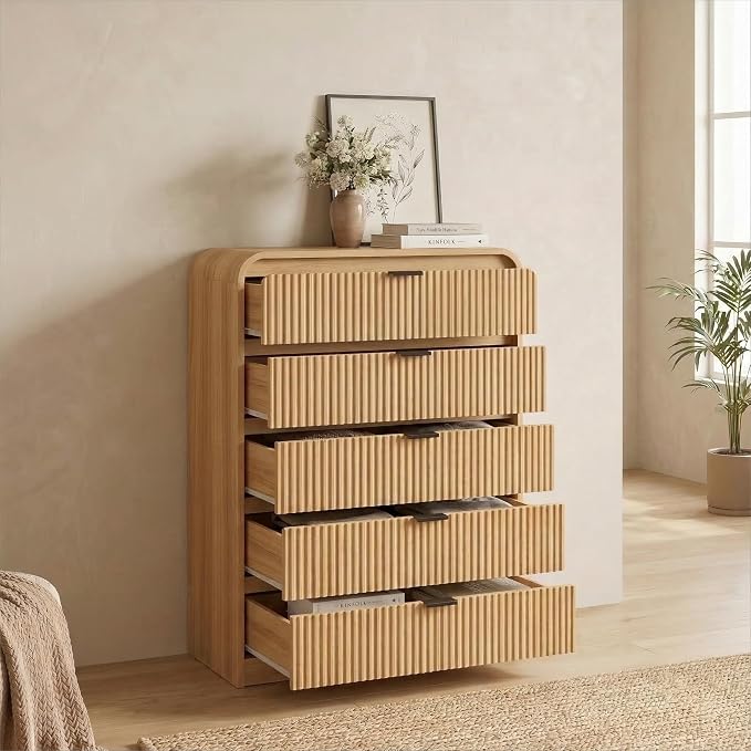 FURSUN Fluted 5 Drawers Dresser for Bedroom, 48" Tall Wooden Modern Dresser with Metal Handle, Curved Profile Design, Storage Organizer for Bedroom, Living Room, Hallway, Natural Oak