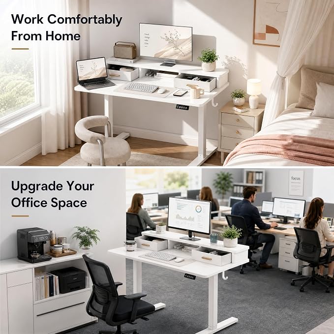 Grandder Electric Standing Desk with Two Drawers, Sit to Stand Up Height Adjustable Desk with Storage Shelf for Home Office, 47 * 24 Inch, Study, Ergonomic Adjustable Computer Desk, White