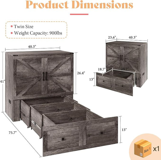 AMERLIFE Twin Murphy Bed Cabinet with Charging Station and Storage Drawer, Farmhouse Foldable Platform Bed for Home Office, Apartment, Small Spaces, Rustic Grey
