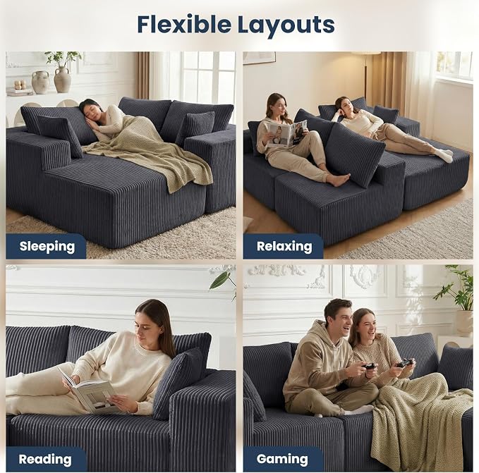 DUMOS 108" L-Shaped Sectional Boneless Couch for Living Room, Upholstered Corduroy Sofa with Deep Seat for Small Apartment, Bedroom, No Assembly in a Box, Right Facing Chaise, Grey