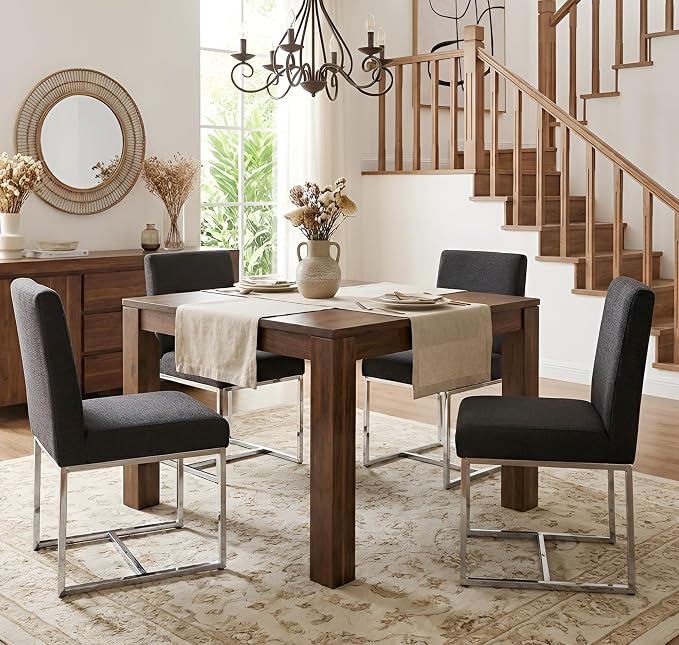 VESCASA Linen Upholstered Dining Chairs Set of 6, Mid Century Modern Padded Chair with Chrome Metal Frame for Restaurant, Dining Room, Kitchen, Charcoal