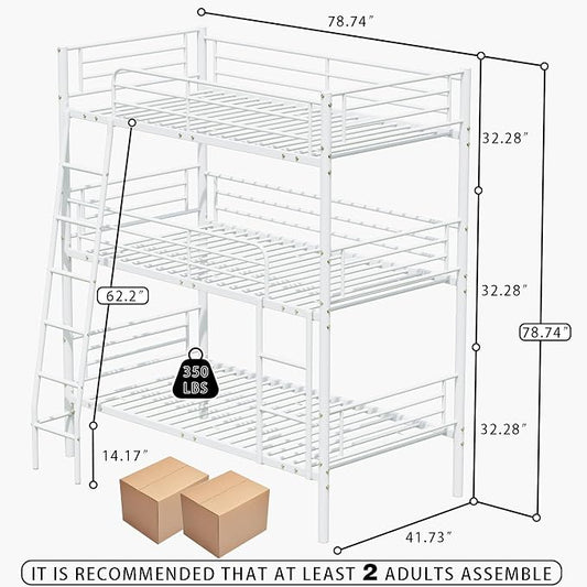 Metal Triple Bunk Bed,Twin Over Twin Bunk Bed for 3, Separates Into 3 Beds with Guardrail and Ladder, Heavy Duty Triple Bed Frame Suitable for Teenager/Adults, No Box Spring Needed(C-White)