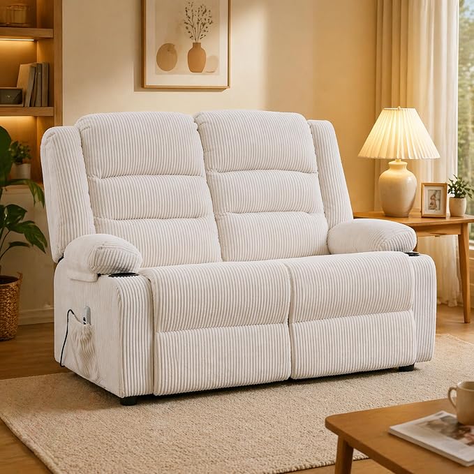 52Inch Reclining Loveseat Sofa,Power Loveseat Recliner,Electric Love seat Recliner Sofa for Bedroom,Living Room with Charging Ports,Striped White