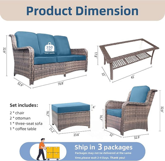 6 Piece Outdoor Patio Furniture Set, High Back Chairs with Extra Thick Cushions, Outdoor Sectional Sofa Sets with Coffee Table & Ottomans for Porch Balcony Deck Yard, Peacock Blue