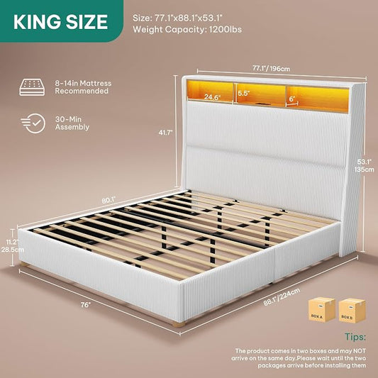 DWVO King Size Corduroy Upholstered Platform Bed Frame with Charging Station and RGB LED Lights, 53’’ Tall Storage Wingback Headboard, No Box Spring Needed, Easy Assembly, Noise-Free, White