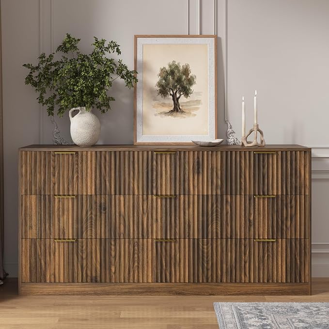 Walnut 9 Drawer Dresser for Bedroom, 63" Wide Modern Fluted Chest of Drawers, Wooden Dresser with Gold Metal Handles, Mid Century Large Dresser TV Stand for Living Room Hallway