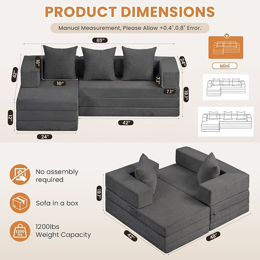 Boneless Couch Small,Convertible Sleeper Sofa Bed, Modular Sectional Sofa, Modern Tri-Folding Cloud Couch with L-Shape Chaise, Corduroy Futon Couches for Small Spaces Apartment,No Assembly