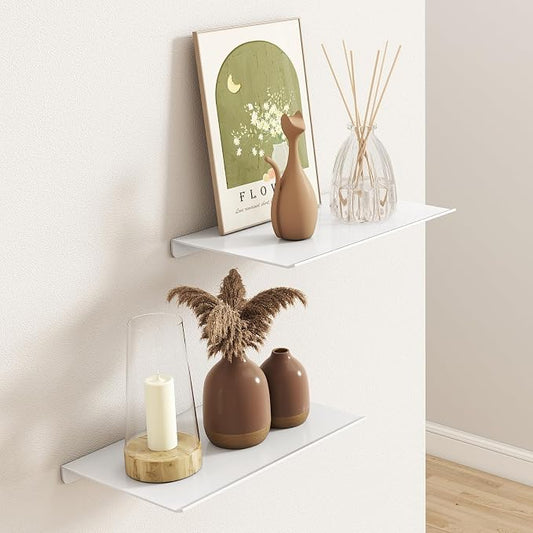 MKO 8" Small Floating Shelves for Wall, Metal Wall Mounted Shelf for Bathroom, Bedroom, Living Room, Kitchen, Little Hanging Shelves for Books/Storage/Room Decor 2 Packs, White