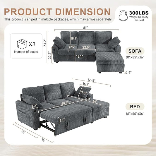 Hanherry 81" Sectional Couch with Pull Out Sofa Bed,Corduroy Sleeper Sofa with Storage Ottoman & USB Charging,Comfy L Shaped Modular Couches for Living Room,Apartment