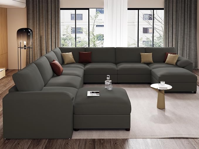 EASE MOOSE Oversized U Shaped Couch,Modular Sectional Convertible Sofa with Wide Deep,Extra Large Faux Leather Scratch Resistant Modern Couch for Big Spaces,Grey