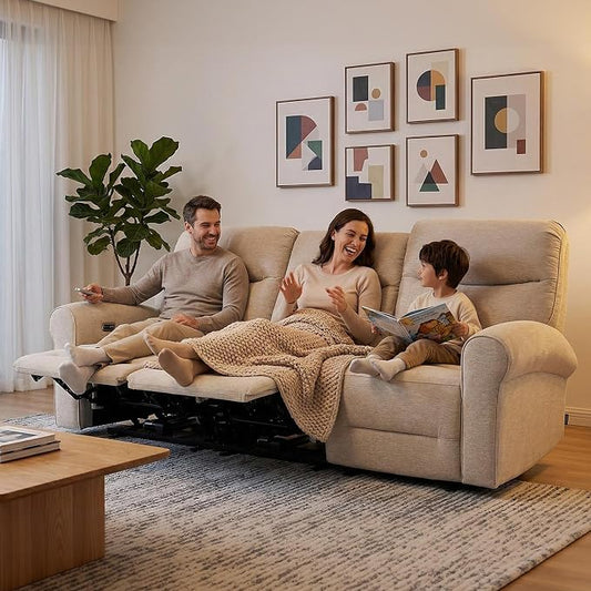 MCombo 87.8" Wall Hugger Power Reclining Sofa, 3-Seat Triple Recliner Couch with USB Ports, Rolled Arm Space Saving Recliner Sofa for Living Rooms Apartments RV, Fabric PR635M5 (Beige)