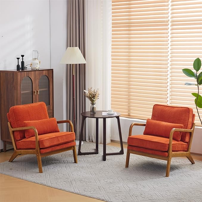 VINGLI Upgraded Premium Corduroy Accent Chairs Set of 2,Upholstered Arm Chair,Solid Wood Comfy Reading Chair with Lumbar Pillow, Mid Century Modern Chairs for Living Room,Bedroom,Burnt Orange