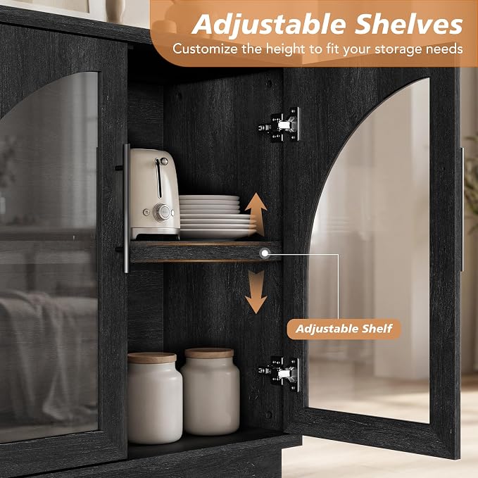 Fatmok Arched Glass Sideboard Buffet Accent Cabinet, 31.5" Display Credenza with Adjustable Shelf,2-Piece Modular Coffee Station Storage for Kitchen Living Room Bedroom, Black Grey