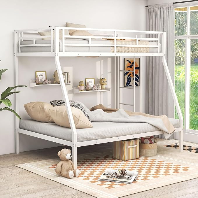 DORTALA Twin Over Full Bunk Bed, Metal Bunk Bed Frame w/Ladder, Safety Rail & Steel Slats, Space-Saving Bunk Beds for Kids Teens Adults, Noise Free for Dorm Bedroom, No Box Spring Needed, White