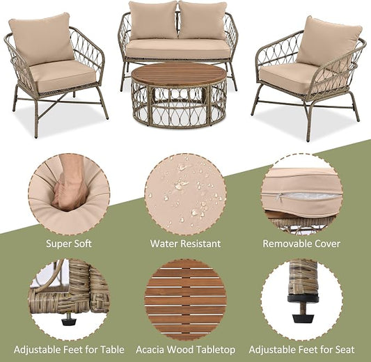 VilroCaz Bohemia-Inspired 4-Person Outdoor Seating Group with Loveseat, 2 Chairs and Table, All Weather Conversation Patio Set with Wood Tabletop and Washable Cushions for Backyard Poolside Garden