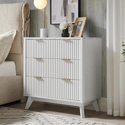 T4TREAM Fluted 3 Drawers Nightstand Set of 2, Oversized Extra Large Modern Side Table with Faux Marble Top, End Table Bedside for Bedroom, Living Room, Curved Profile Design, Solid White