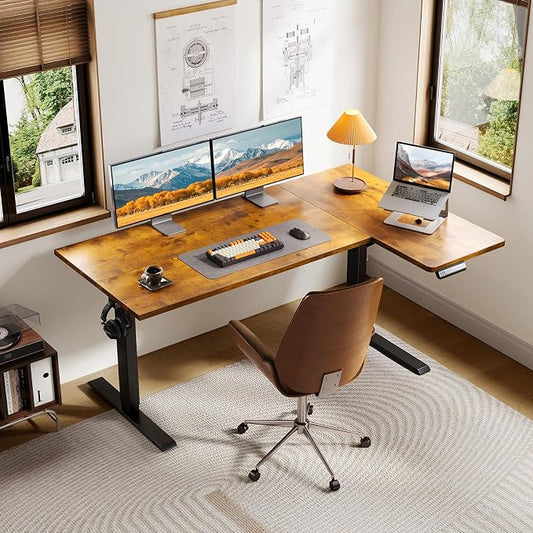 OffiGo Electric L Shaped Standing Desk, 55 Inches Height Adjustable Table, Reversible Corner Stand Up Desk, Lifting Computer Table for Home Office, Computer Workstation, Rustic Brown