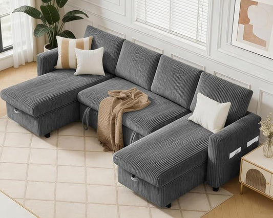 WEUP 106" U Shaped Sectional Sleeper Sofa Bed with Pull Out Bed, Sectional Sleeper Couch Pull Out Couch with Reclining Backrest/Reversible Storage Chaise/USB Ports/Tool-Free Assembly, Corduroy Grey