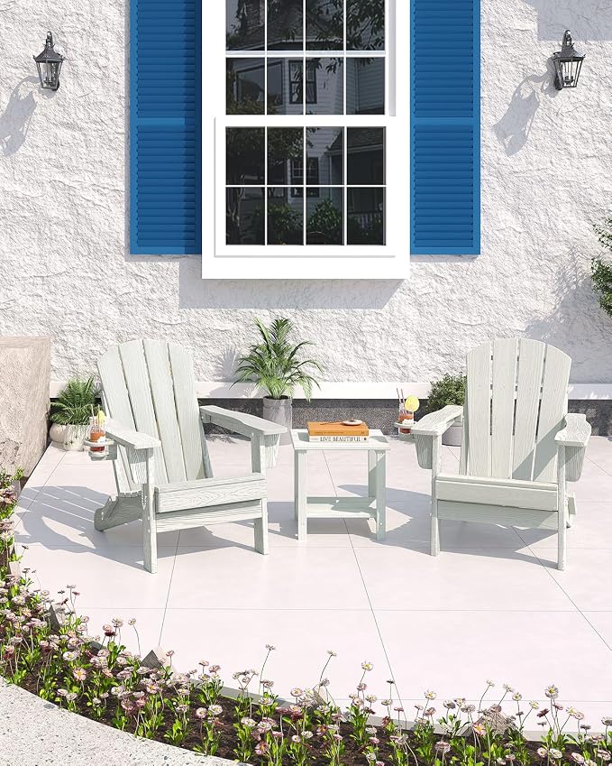 Folding Adirondack Chair Set of 2, All-Weather HDPE Outdoor Chair, Wooden Textured with Cup Holder for patios, Decks, Gardens, fire pits, White