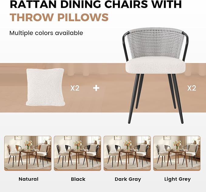 Rattan Dining Chairs Set of 2, Upholstered Kitchen Chair with Metal Legs, Ergonomic Curved Backrest, Mid Century Modern Living Room Chairs with Throw Pillow, Light Grey
