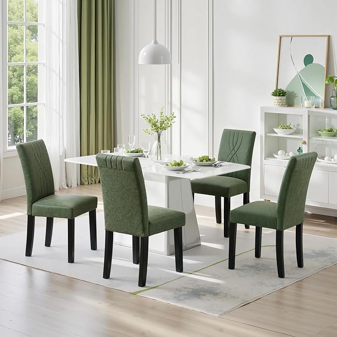 VECELO Upholstered Dining Chairs Set of 2, Modern PU Leather High Back Chairs with Solid Wood Legs and Adjustable Foot Pads for Kitchen and Living Room, Green