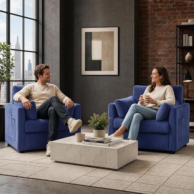 38" Modern Accent Chair, Corduroy Chair with Soft Pillows and Side Pockets, Comfy Single Reading Chairs for Living Room, Bedroom Navy Blue