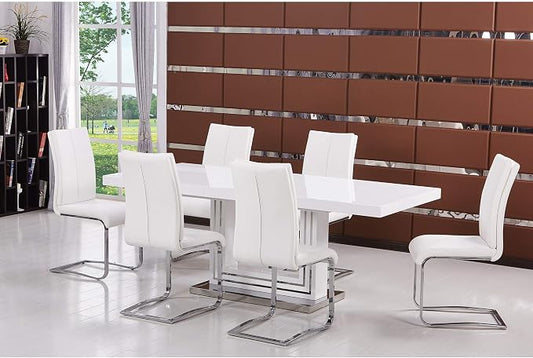 Bailey Extendable 63"- 79" Rectangle Dining Table, High-Gloss Lacquered Top, Expands for Extra Seating, Mirrored Trim Support Pillar, Stainless Steel Bottom Base, Modern Contemporary Design (White)