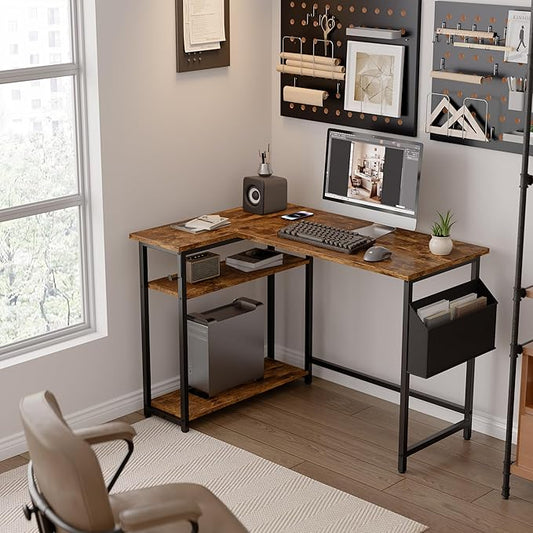 Pamray 40 Inch L Shaped Computer Desk with Reversible Side Storage Shelves, Small Corner Desk for Small Space Home Office, Writing Study Table PC Desk for Bedroom, Vintage