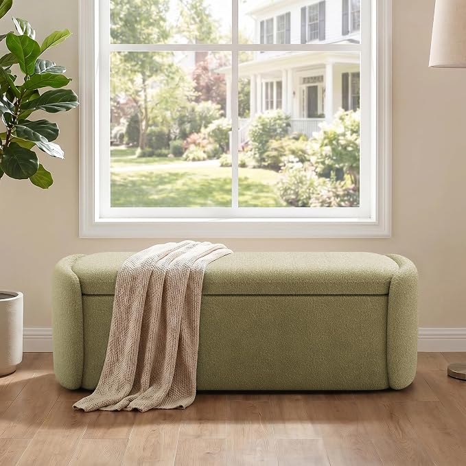 VKNOW 51" Storage Ottoman Bench, Upholstered End of Bed Bench with Smooth Hinges, Oval Large Ottoman Bench for Bedroom, Living Room and Hallway Entryway, Light Green