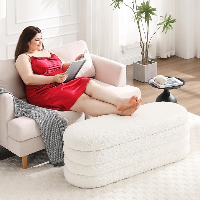 Busaurus Storage Ottoman Bench 49.2 Inch Upholstered Fabric Storage Bench for Bedroom End of Bed Aesthetic Large Oval Ottoman for Living Room Entryway (Ivory)