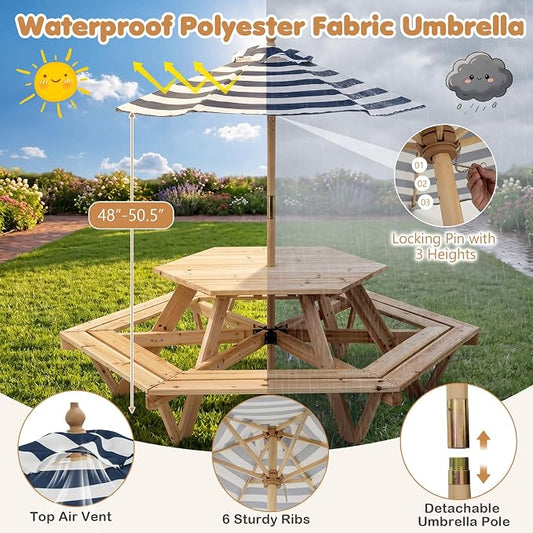 Costzon Kids Picnic Table, Hexagonal Wooden Toddler Outdoor Table and Bench Set with Removable Umbrella, Kids Outdoor Furniture for Patio Lawn Garden Backyard, Seats Up to 6 Children Age 3+ (Natural)