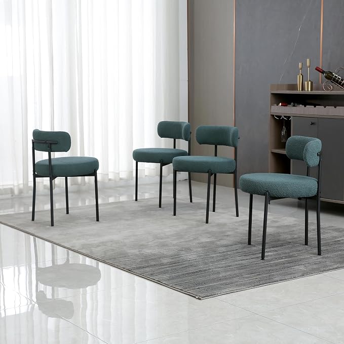 DYHOME Boucle Dining Chairs Set of 4, Upholstered Kitchen Dining Room Chairs, Side Chairs with Thick Cushions and Metal Legs for Kitchen Living Room, Green