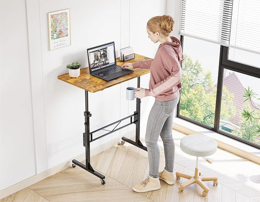 HOMIDEC Standing Desk, 32 Inch Portable Small Desk Adjustable Height, Rolling Home Office Desks with Wheels, Sit Stand Desk for Bedroom Walking Pad Home Office Small Space, Rustic