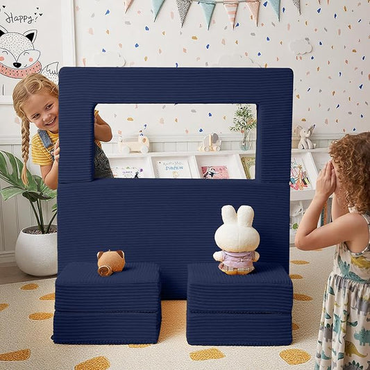 MeMoreCool Modular Kids Couch, Corduroy Play Toddler Couch for Bedroom Playroom Furniture, Convertible Foam Kids Sofa Bed, Fold Out Baby Sofa for Girl Boy, Navy